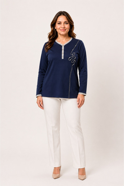 bihan store Women's V-Neck Pearl Embroidered Glitter Detailed Long Sleeve Kni...