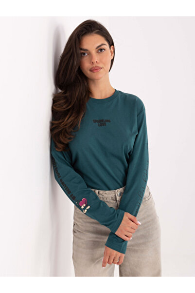 Sublevel Tricou Dama Maneca lunga, Decolteu rotund, Sublevel, Verde Casual Mo...