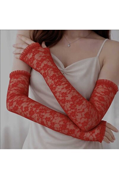 Corvus kolye&bileklik Red Color Lycra Lace Party Gloves
