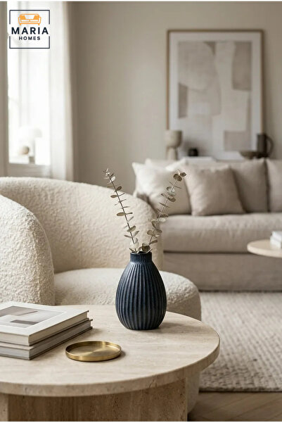 MARIA HOMES Blue Ribbed Decorative Vase, Modern Teardrop Flower Holder with N...