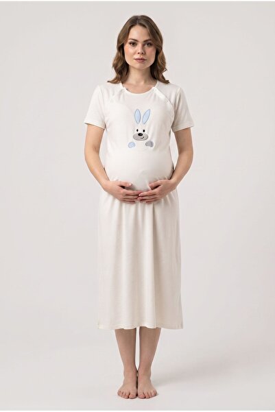 LOHOUSE Women's Blue Rabbit Embroidered Patterned New Season Maternity Nightg...
