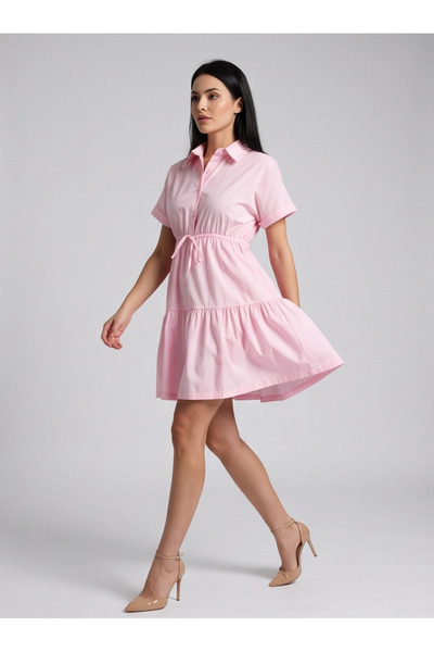 gökçesu Women's Shirt Collar Half Buttoned Waist Tie Flounce Mini Dress