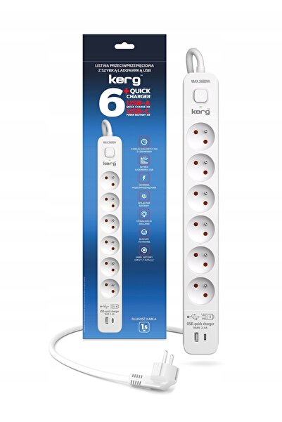 HSK DATA Priză multiplă cu protecție la supratensiune, 6 prize, 1,5m, USB A +...
