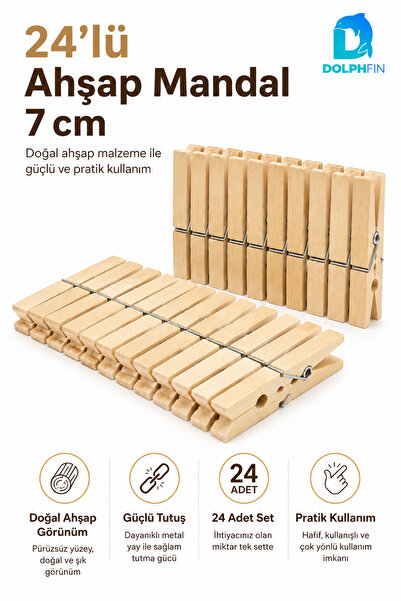DolphFin 24’lü Ahşap Çamaşır Mandalı 7 cm Metal Yaylı Güçlü Tutuş