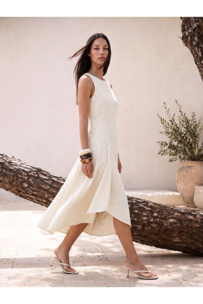 LC Waikiki White Asymmetrical Cut Linen Blend Dress