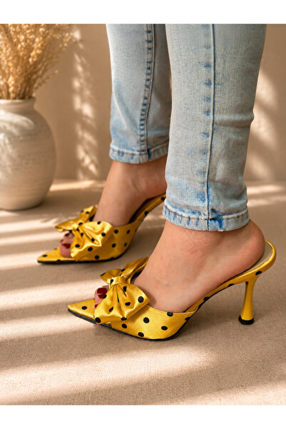 irmona Hendi̇ Mustard Yellow Polka Dot Satin 10 cm Thin Heel Slippers