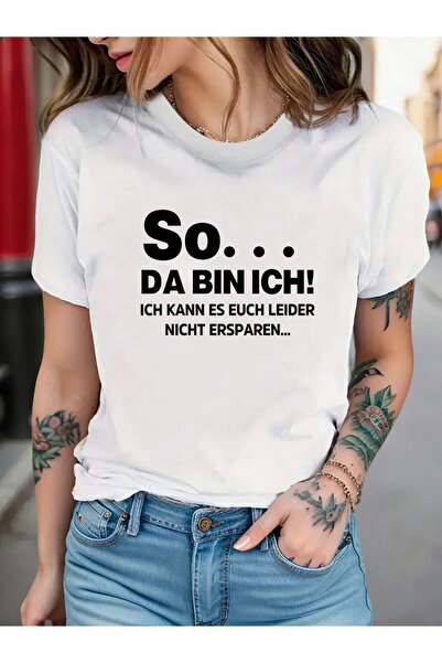 799 تي شيرت نسائي مطبوع عليه عبارة "So... Da Bin Ich" بأكمام قصيرة وياقة دائر...