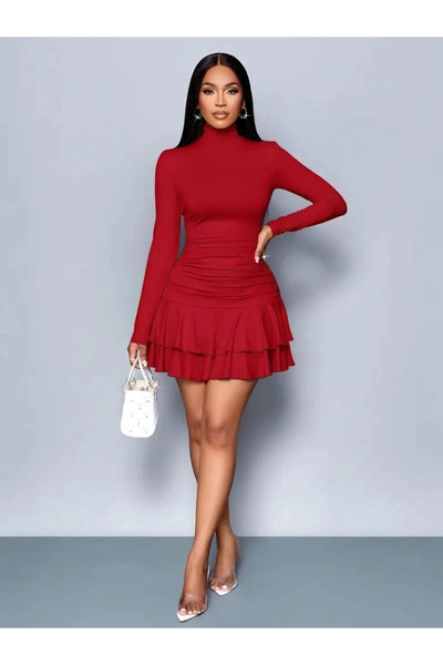 Beruflic Women's Long Sleeve Turtleneck Mini Ruffle Sandy Dress