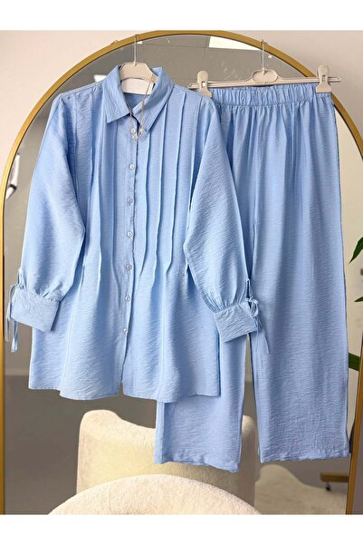 modasindoma Pile Detailed Shirt and Trousers Set Blue