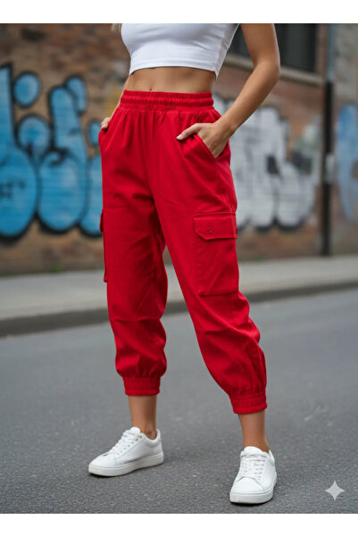 Serena Pantaloni denim cargo damă roșii cu elastic și șiret
