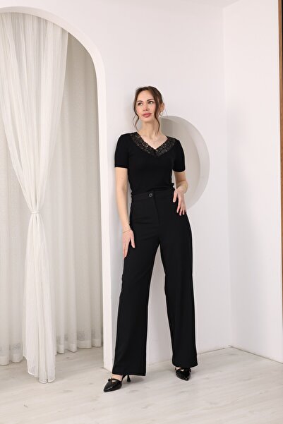 sahraozluk High Waist Wide Leg Pants Black Color
