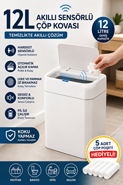 Funny Life 12 Lt Sensörlü Slim Çöp Kovası 5 Adet Çöp Torbası Hediyeli Otomati...