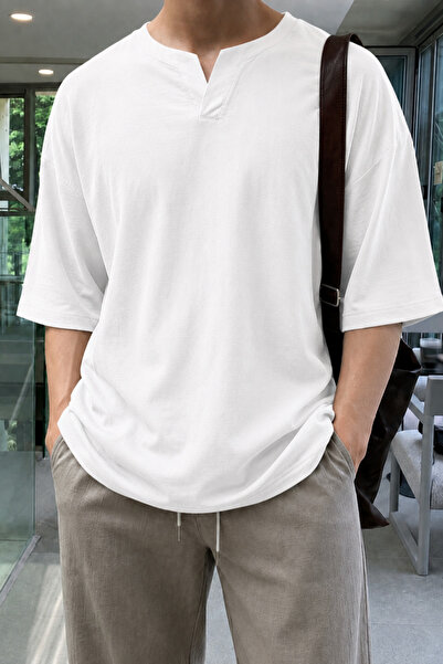 Tarz Cool Men's White Oversize 100% Linen V-Neck Short Sleeve T-Shirt – Comfo...