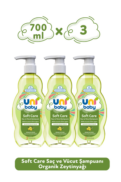 Uni Baby Soft Care Organik Zeytinyağlı Saç ve Vücut Şampuanı 700 ml 3'lü