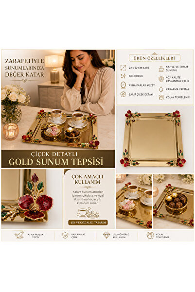 Turkco Luxury Floral Motif Gold Square Presentation Tray 22X22 cm Promise Eng...