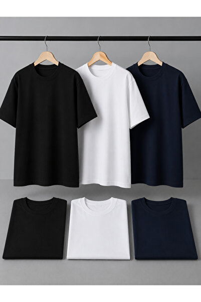 CAONNES 3 Color T-Shirt Set Summer Single Jersey Compact Oversize Basic Crew ...