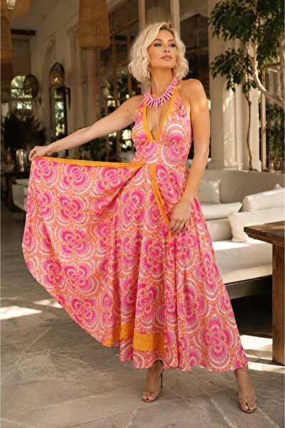 LaraLisa 70% Viscose 30% Silk Backless Halter Neck Women's Summer Dress