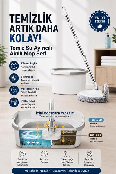 Galeriyo Temiz Su Ayırıcılı 360° Akıllı Mop Seti | Çift Hazneli Mikrofiber Dö...