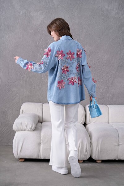 Moda Neval Kadın Tül Çiçek İşlemeli Kot Kimono Ceket