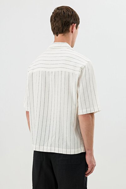 Antioch Ecru Linen Blend Striped Relax Fit Men's Short Sleeve Shirt