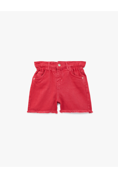 Koton Elastic Waist High Waist Cotton Paperbag Denim Shorts