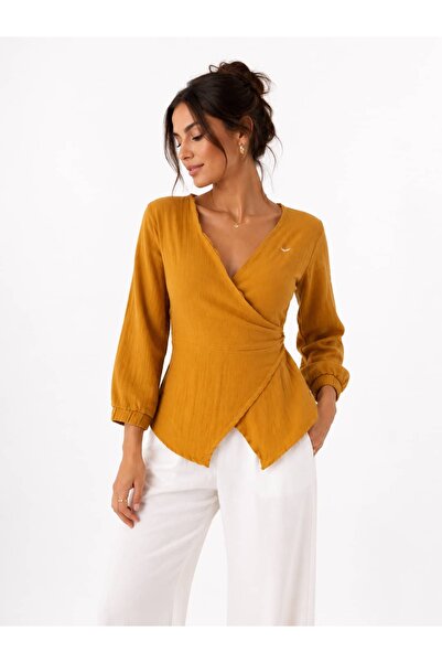 Cuckoo Cotton Double-Breasted Tied Muslin Blouse