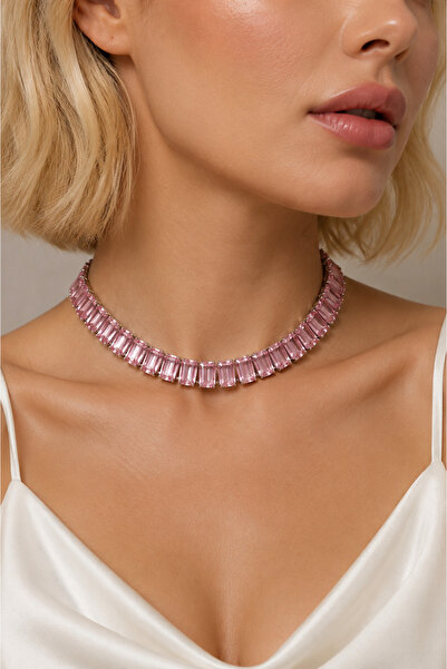 Valmont Pembe Baget Taşlı Choker Kolye – Zarif Işıltılı Kristal Taşlı Kadın B...