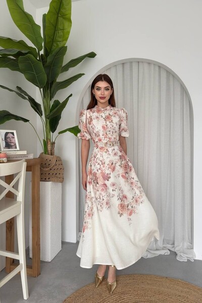 Nils Boutique Kemer Detaylı Çiçekli Midi Elbise