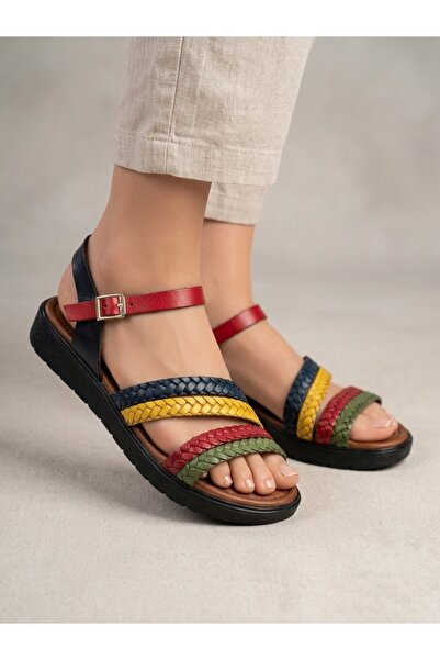 Rüya Shoes صندل نسائي من الجلد الطبيعي بتفاصيل محبوكة