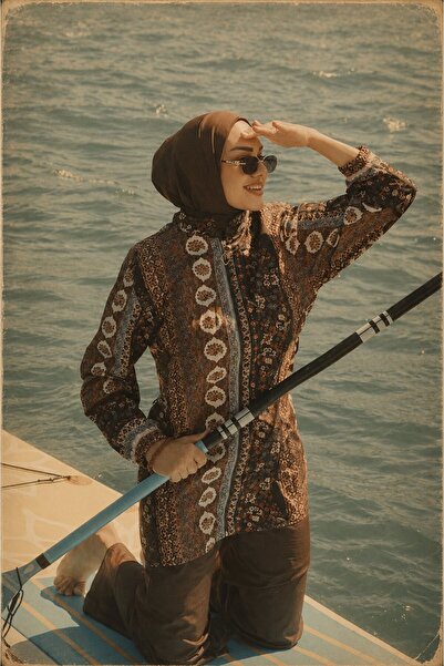 Ceylan Otantik Bitter Brown Ethnic Pattern Hijab Swimsuit - Bone Set