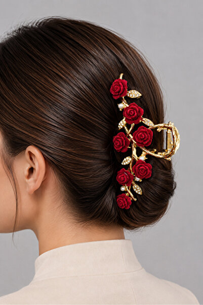THE Steel Women's Gold Color Red Rose Pearl and Stone Detailed Hair Clip