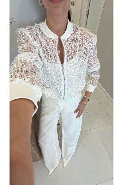 BİRCANÇİL Roxe Ecru Sequin Mesh Bomber Jacket