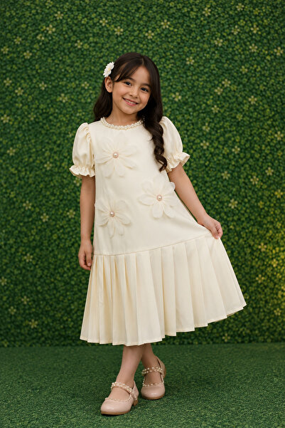 Girls Luxury 3D Floral Pearl Party Dress – Ivory Cream (Luxury Girls' Dress w...