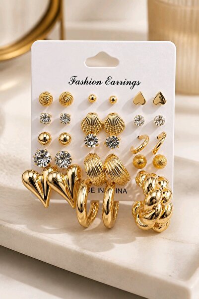 mosmoda Gold 15 Çift 30 Adet Küçük Kombin Küpe Seti