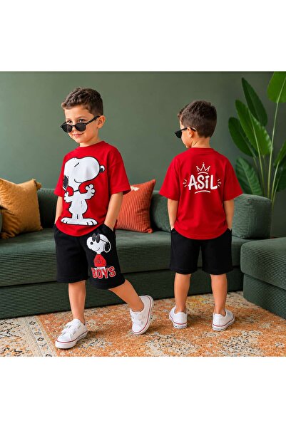 BY TUNA DESİGN Boy's Snoopy Printed Red Color Cotton T-Shirt and Shorts Set 1...