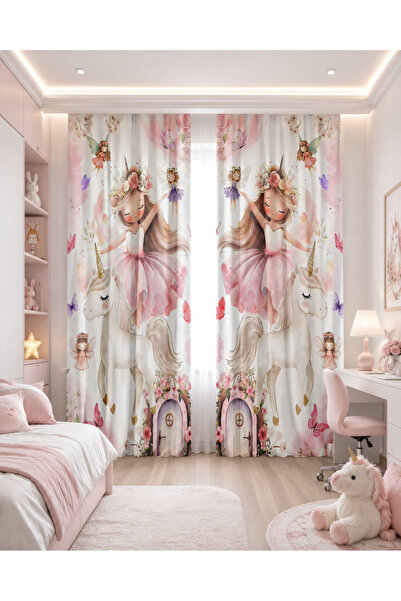 HOMESSA Unicorn, Balerin Kız ve Periler Çift Kanatlı Çocuk Odası Fon Perde
