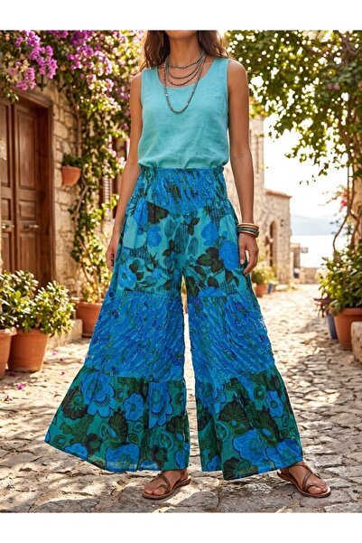 AYASOFYA OTANTIK Women's Nepali Ethnic Patterned Wide-Leg Pants with Elastic ...