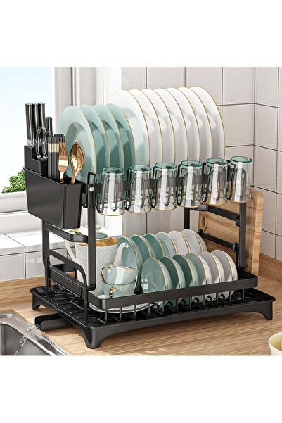 DubaiGallery Foldable 2 Tiers Dish Drying Stand With Rotatable Drainage Syste...