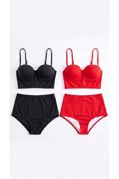 Zi 2 Colors 1 Pack Black -Red 2 Sets High Waist Bikini Set