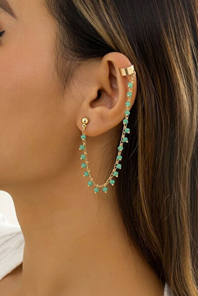 VeeShop Κομψό σκουλαρίκι ear cuff, με αλυσίδα και μικρές χάντρες, διπλό κούμπωμα
