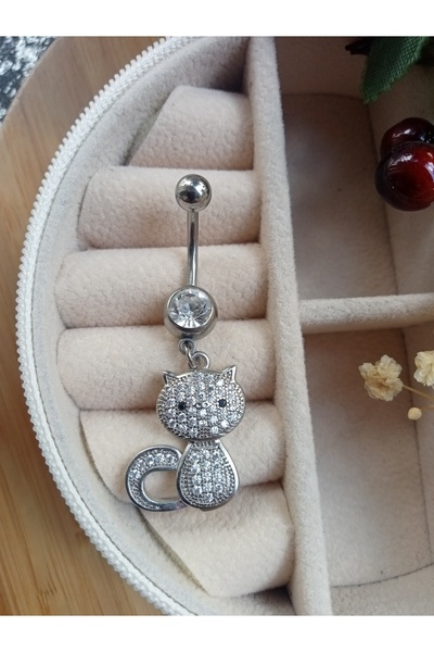 Kedi İkonlu Zirkon Taşlı Gümüş Renk Sallantılı Çelik Göbek Piercing