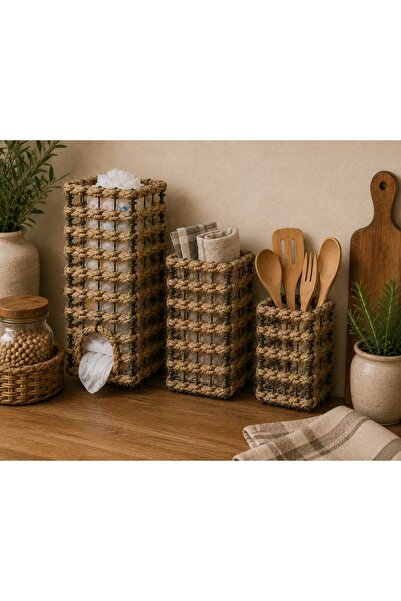 Egindra Wicker Woven Bohemian Style 3-Piece Mini Bag Holder, Spoon Holder, Or...