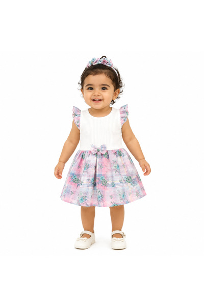 Generic Girls Floral Ruffle Bowknot Dress with Headwear