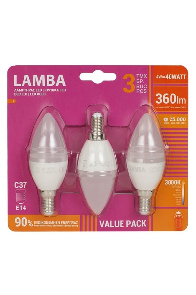 OEM Becuri LED E14 tip lumânare, Alb cald - Pachet de 3 (C37)
