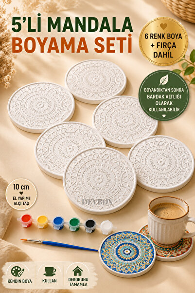 devhome 5'li Mandala Bardak Altlığı Boyama Seti 10 cm | El Yapımı Alçı Taş | ...