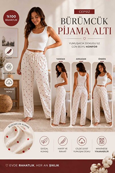 SevAte Handmade Kadın Bürümcük Kumaş Kalp Desenli Cepsiz Rahat Kalıp Pijama Altı