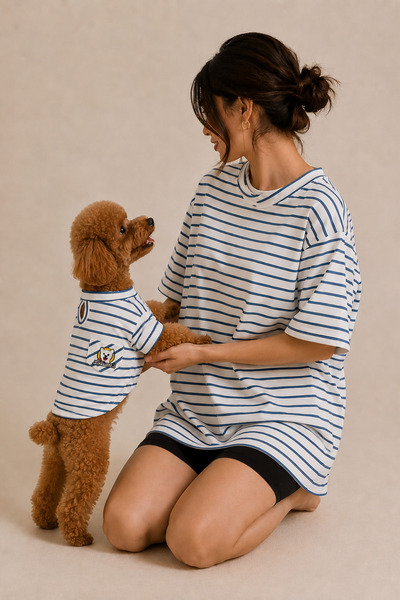 Lokums Striped Combed Cotton T-Shirt and Dog Combination T-Shirt Set Dog Outfit