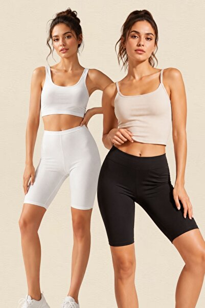 fevien 2-Pack Women's Cotton Stretchy Short Tights Above-Knee Biker Tights Se...