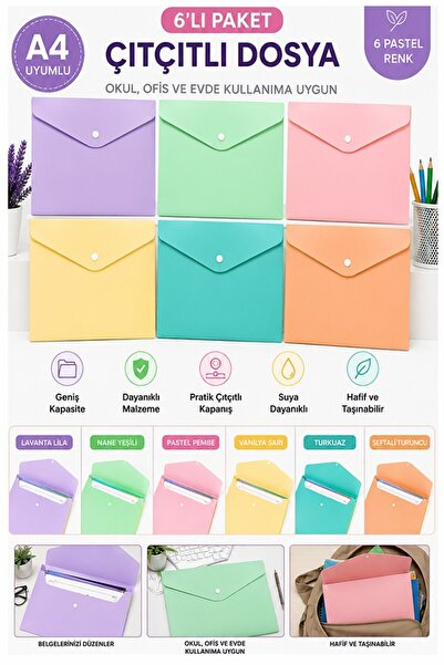 Artmaster Çıtçıtlı Dosya 6 Renk Pastel A4 1 Paket Dosy Plastik Renkli Zarf Do...