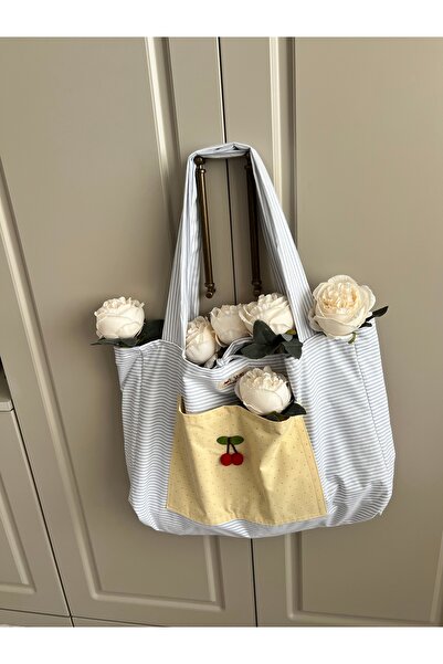 ToffyStore Blue Striped Bag with Yellow Pockets and Cherry Detail